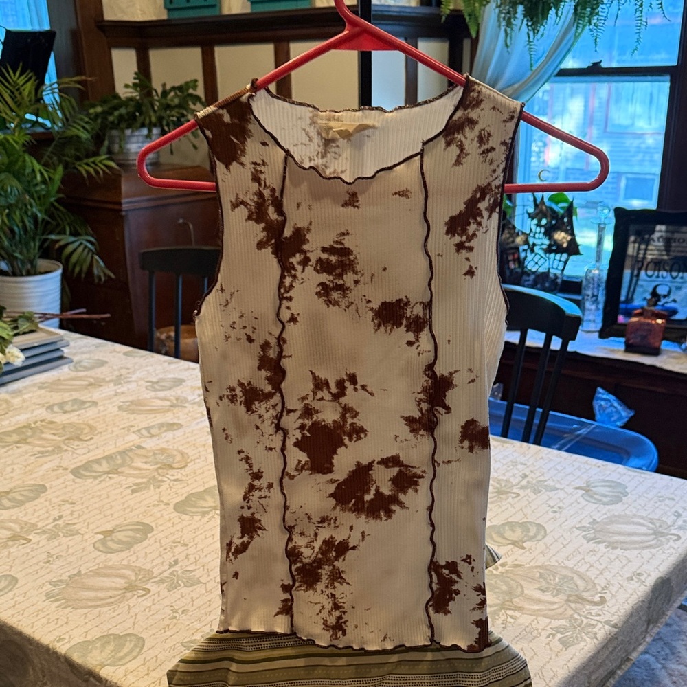Altered State Brown White Tie Dye Ribbed Tank Top Exposed Lettuce Edge Small